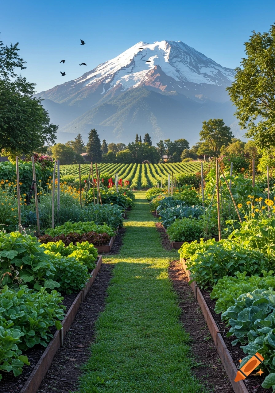 A lush, photorealistic vegetable garden with a green path, neat rows of crops, and a majestic snow-capped mountain under a clear sky.