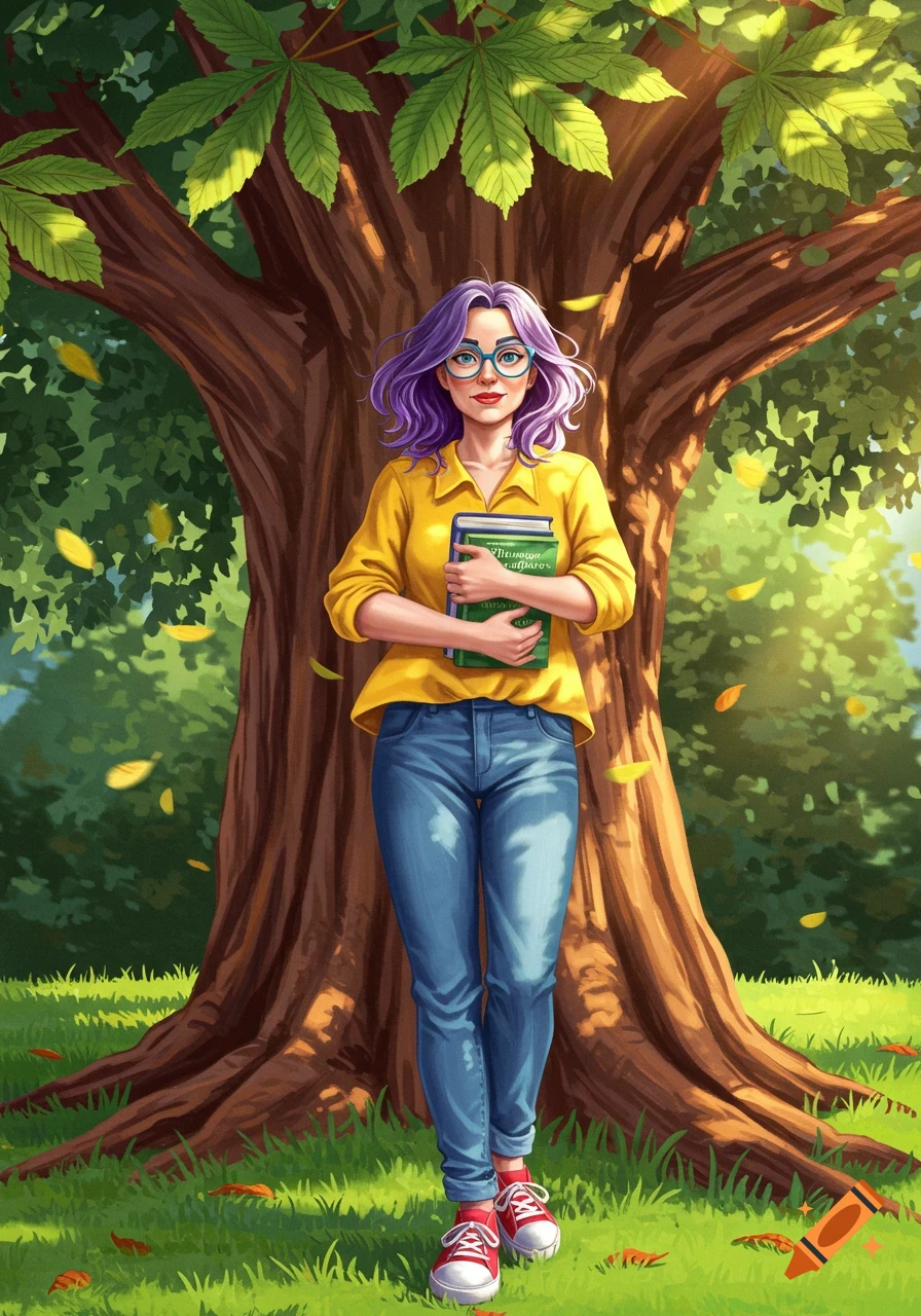 Digital art of a woman with purple hair, blue glasses, yellow blouse, jeans, and red sneakers holding books, standing under a chestnut tree.