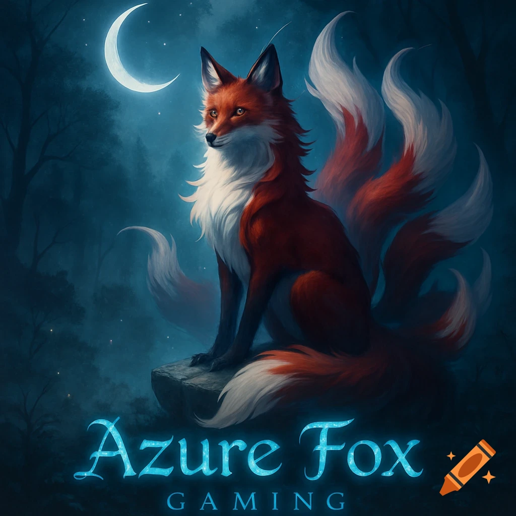 A majestic red and white nine-tailed fox sits in a dark, mystical forest under a crescent moon, with 'Azure Fox Gaming' text.