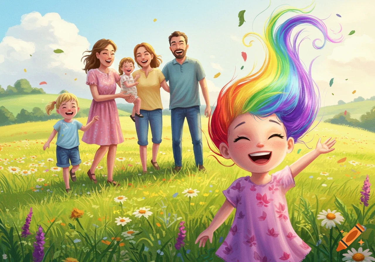 Happy family in a sunny meadow. A girl with rainbow hair laughs in the foreground while her family smiles behind her.