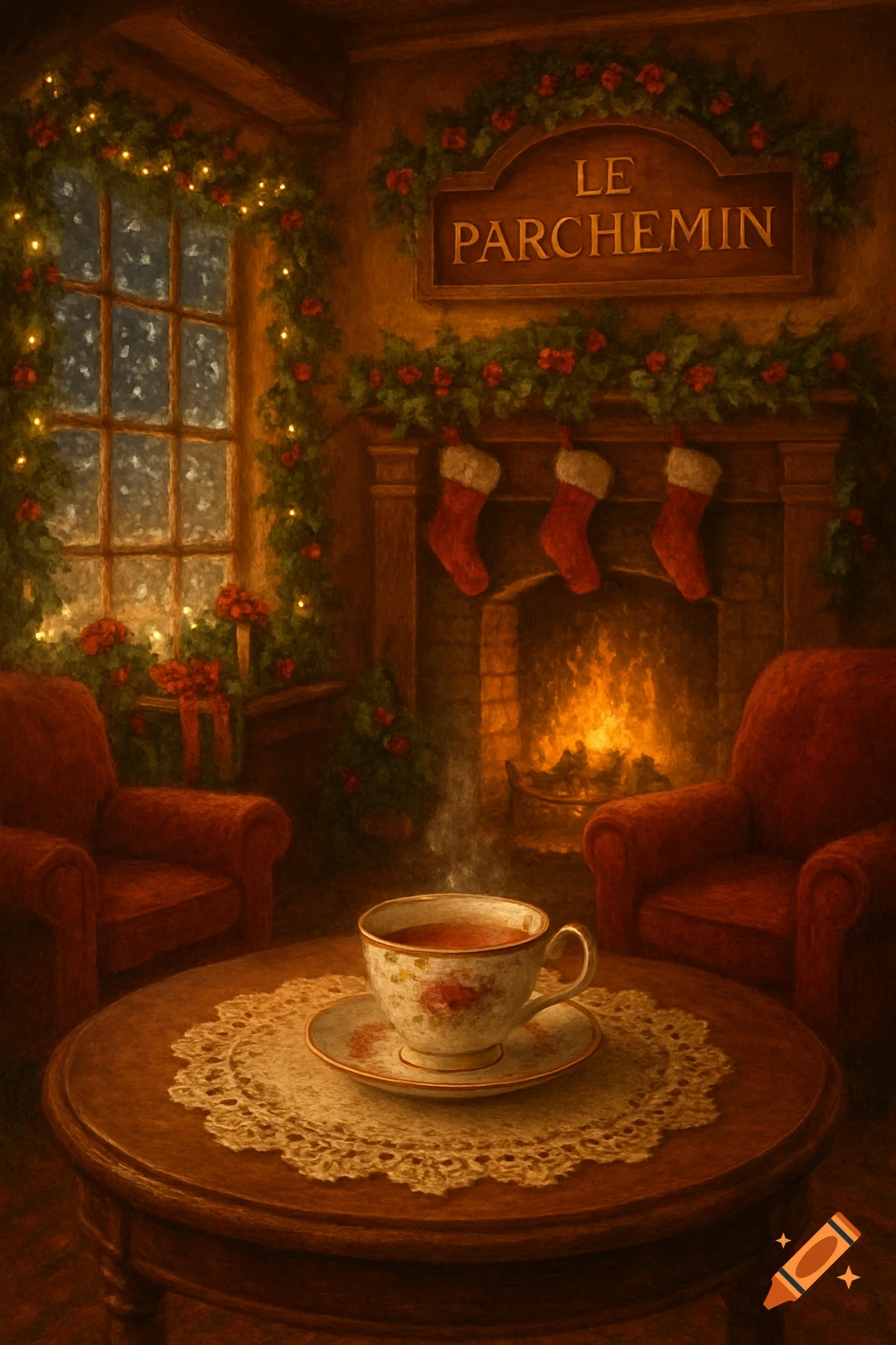 A cozy Christmas tea room with a steaming cup of tea on a table, two armchairs, a fireplace with stockings, and a snowy window. Painterly style.