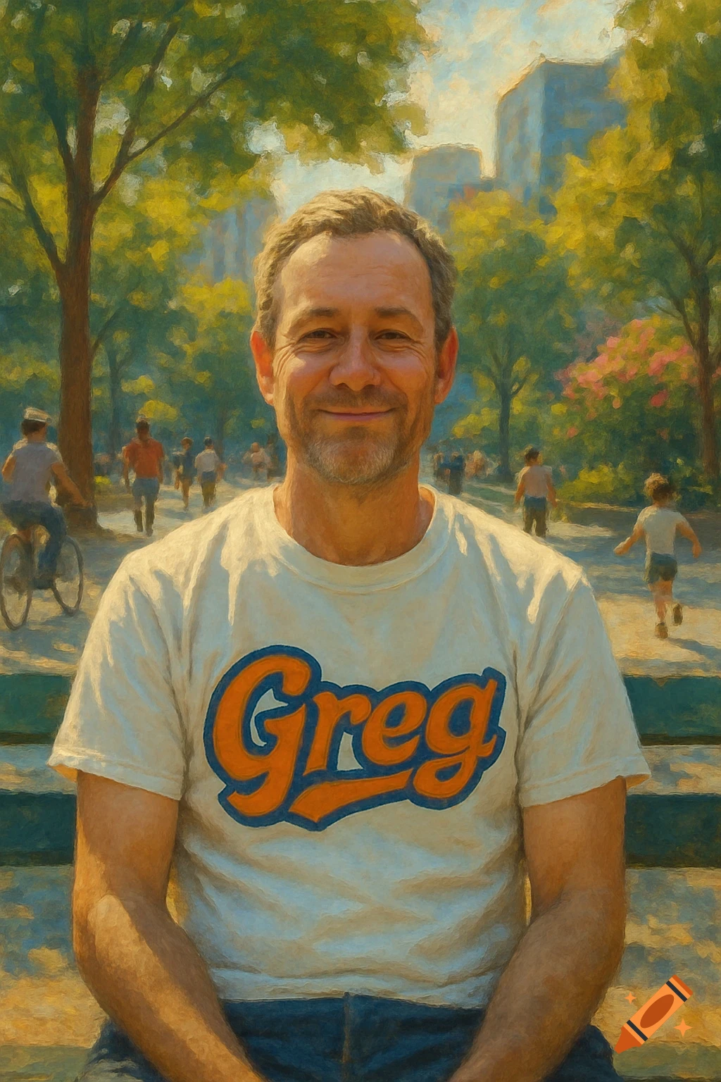 A man in a white shirt with 'Greg' written on it smiles in a park, rendered in an impressionistic painting style.