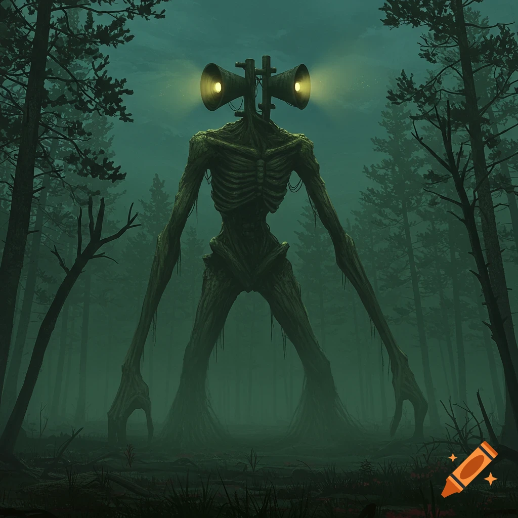Siren Head, a tall, gaunt monster with two sirens for a head, stands in a dark, misty forest at night.