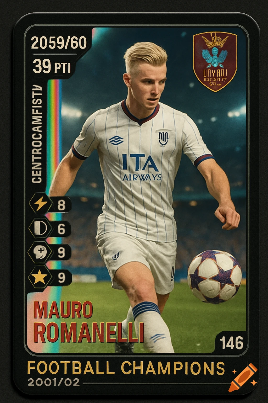 A collectible football trading card featuring a blonde male player in a white striped uniform, kicking a ball. Text includes his name "Mauro Romanelli" and "Football Champions".