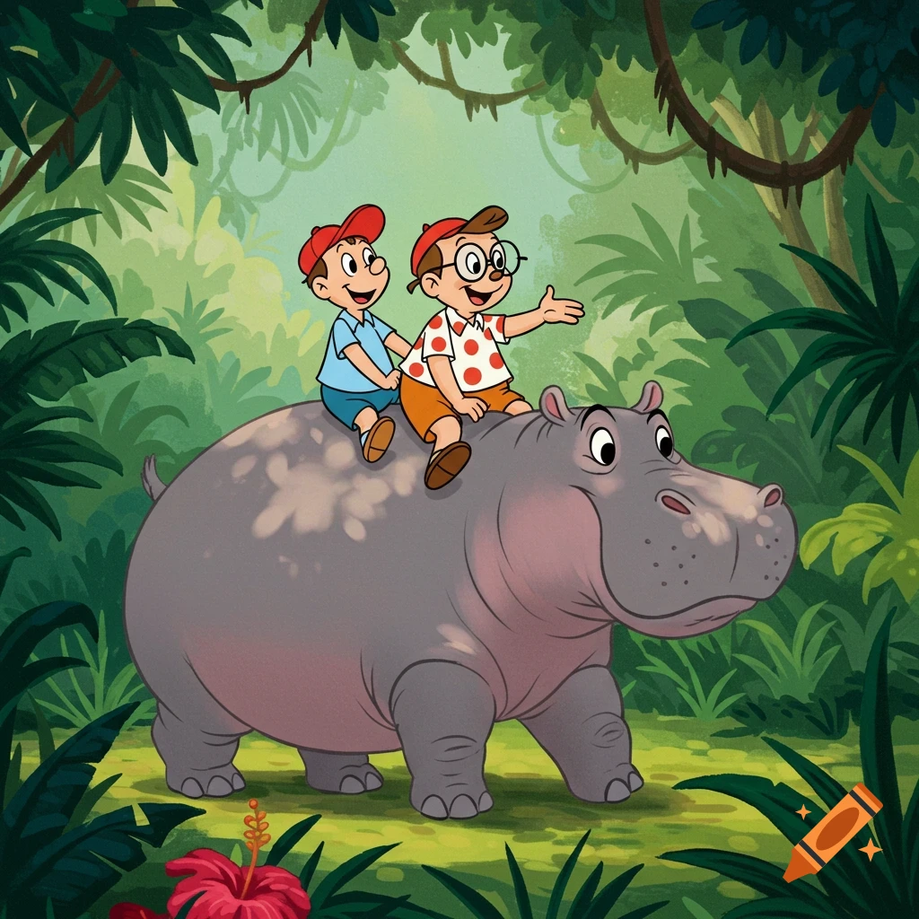 Two cartoon boys ride a grey hippo through a lush green jungle.