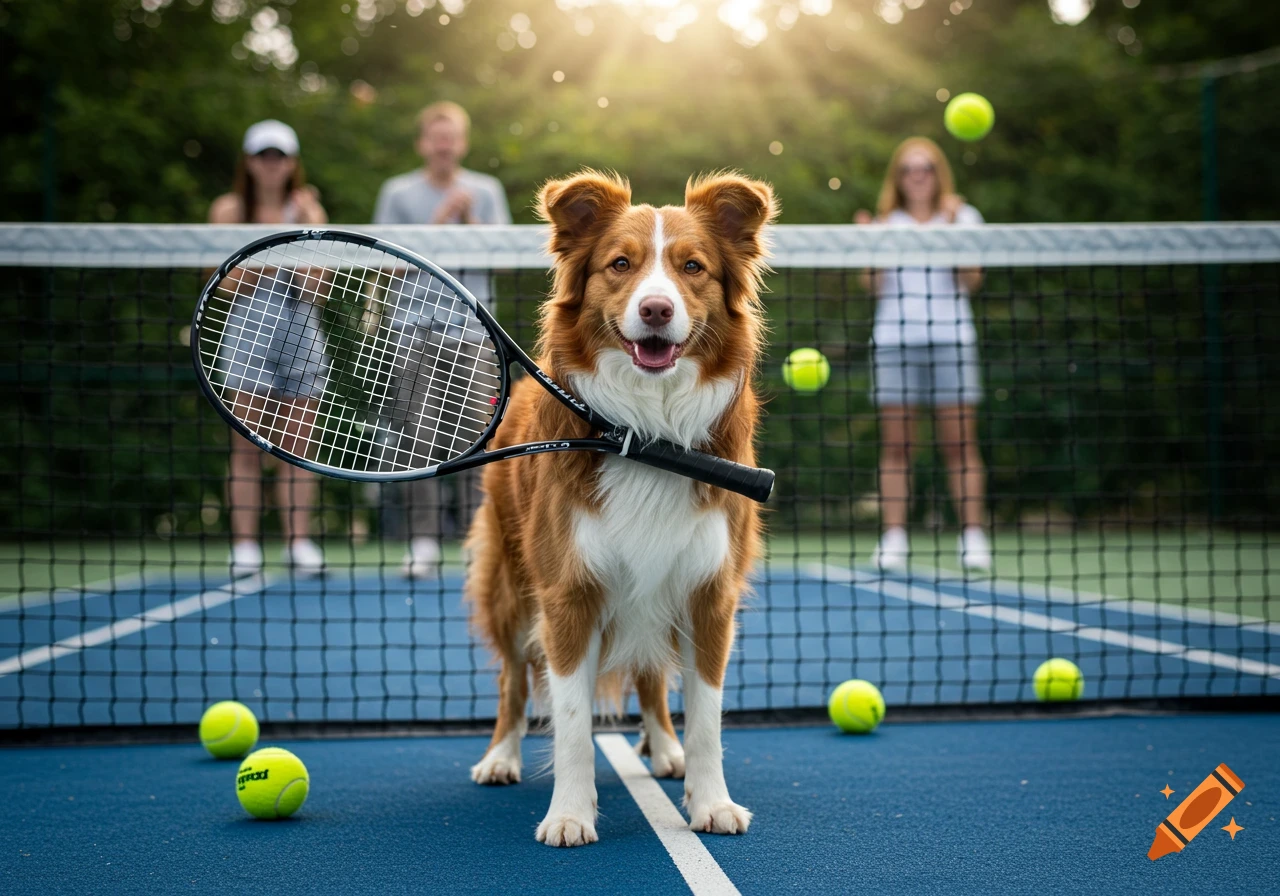 A happy golden-brown and white dog holds a tennis racket, standing on a blue tennis court with tennis balls and blurred people.