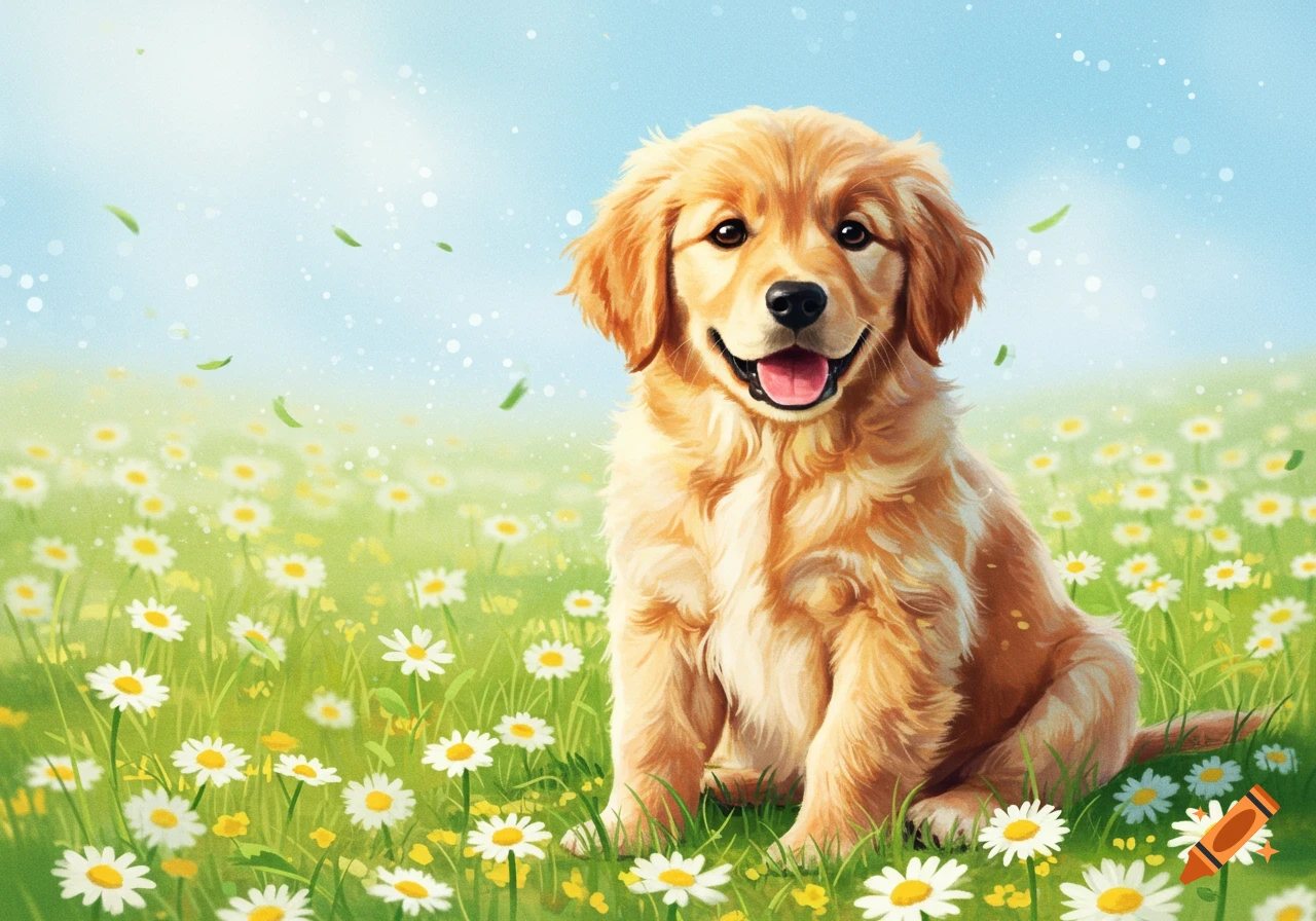 A happy golden retriever puppy with a pink tongue sitting in a vibrant field of white daisies under a bright blue sky, in an illustrated style.
