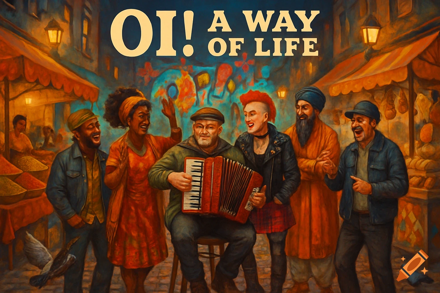 A painterly image depicting a diverse group of people, including a man playing an accordion, in a lively night market scene. The text 'OI! A WAY OF LIFE' appears at the top.