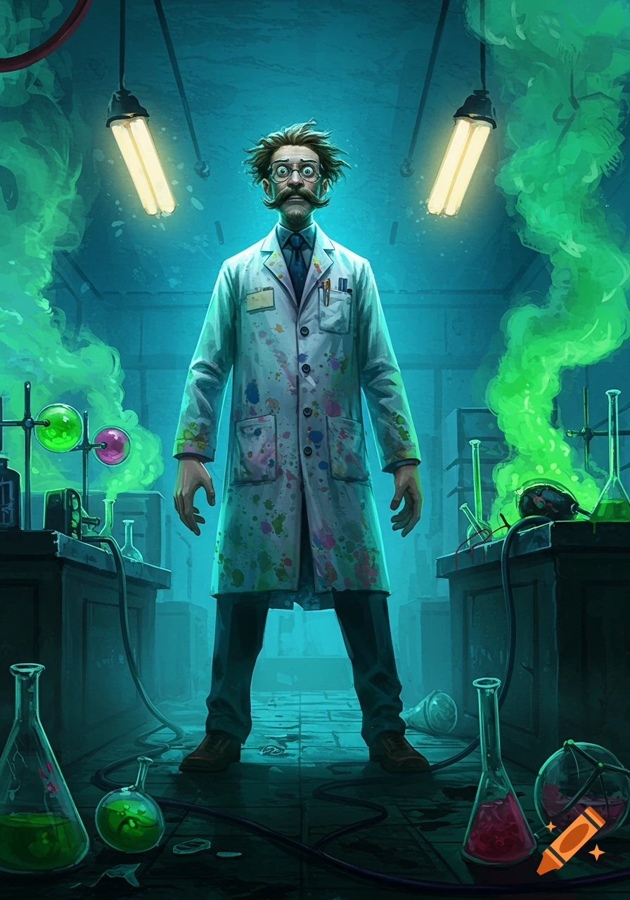 A cartoonish mad scientist with wild hair and a mustache in a splattered lab coat stands in a smoky lab with beakers and glowing green liquids.