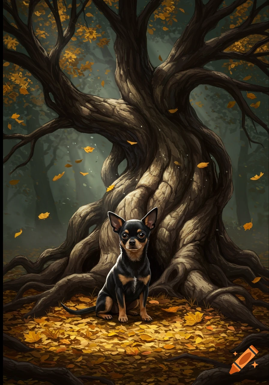 A black and tan Chihuahua sits amidst golden autumn leaves under a large, gnarled tree in an illustrative style.