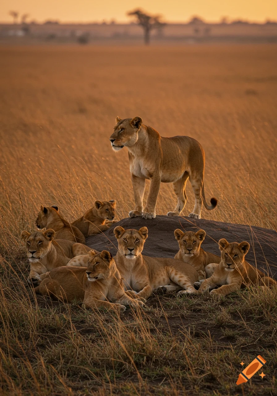 A pride of lions, with one standing on a rock, rests in a golden savanna at sunset.