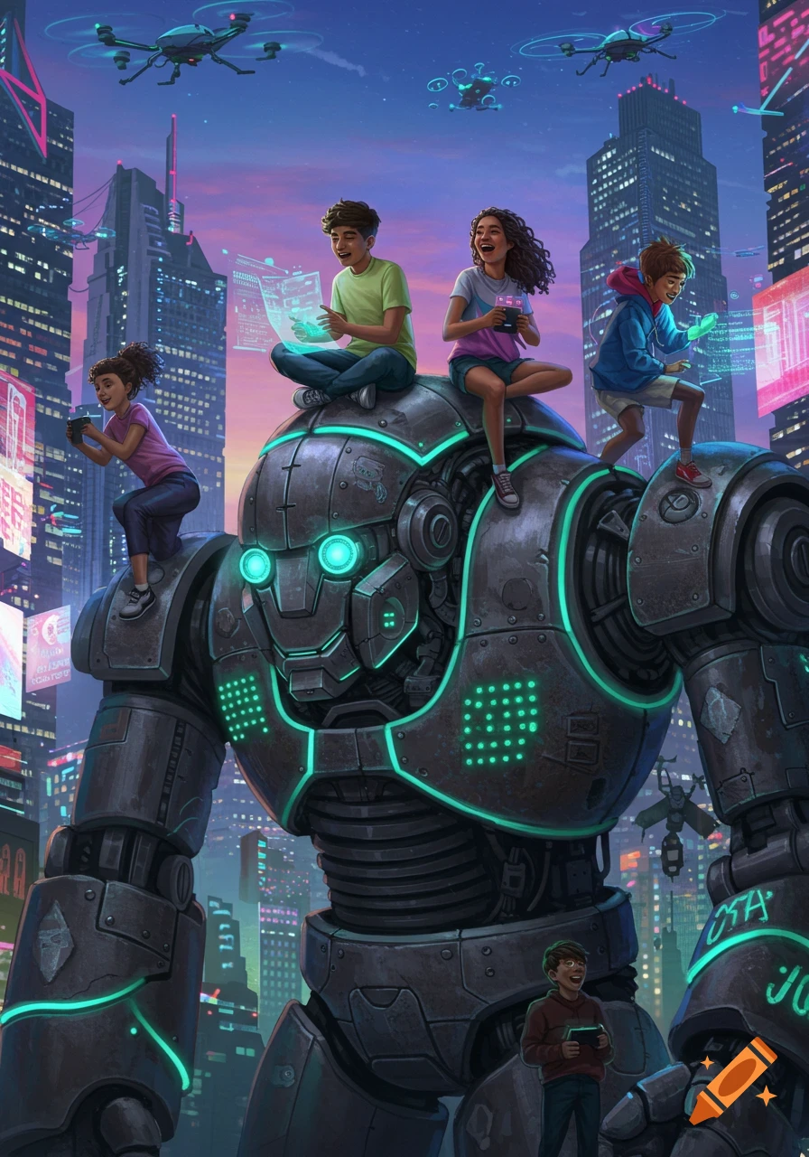 Teens play games on a giant robot's back in a futuristic city with drones flying overhead, digital illustration.
