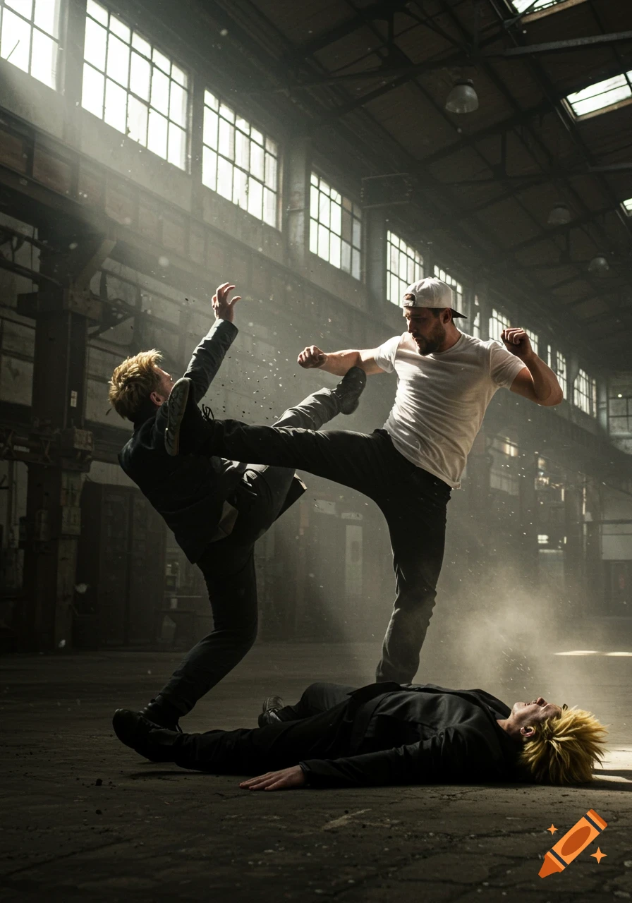 Two men fight in a dusty, light-filled abandoned factory, one executing a high kick while another lies on the ground, photorealistic.
