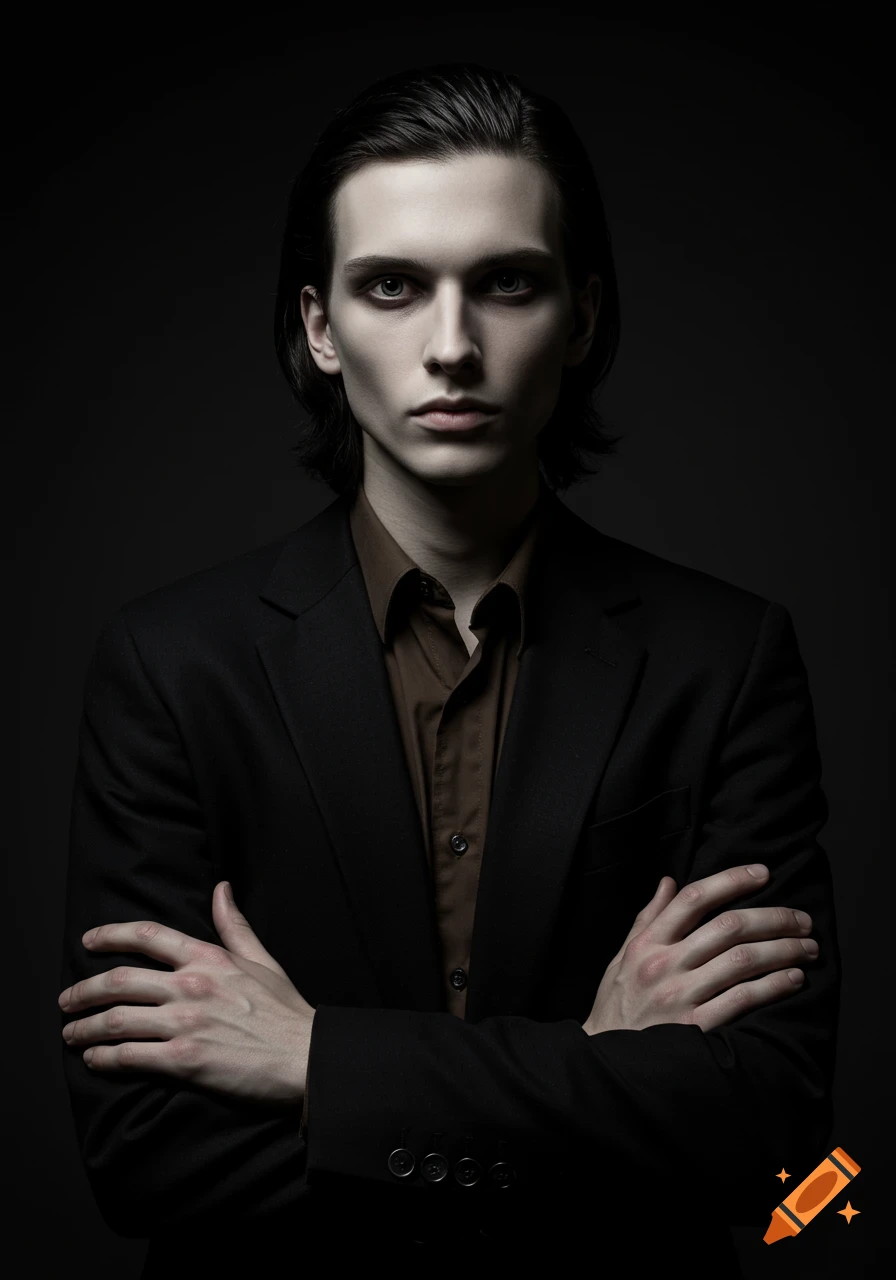 Photorealistic portrait of a pale young man with dark slicked-back hair, intense expression, brown shirt, black suit, arms crossed, with dramatic chiaroscuro lighting on a dark background.
