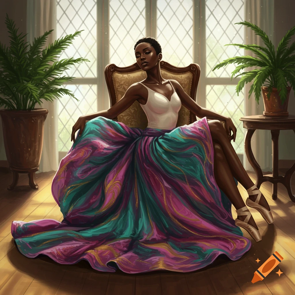 Black ballerina sits in a chair by a window, wearing a white top and a vibrant, flowing magenta and teal skirt, with potted plants.