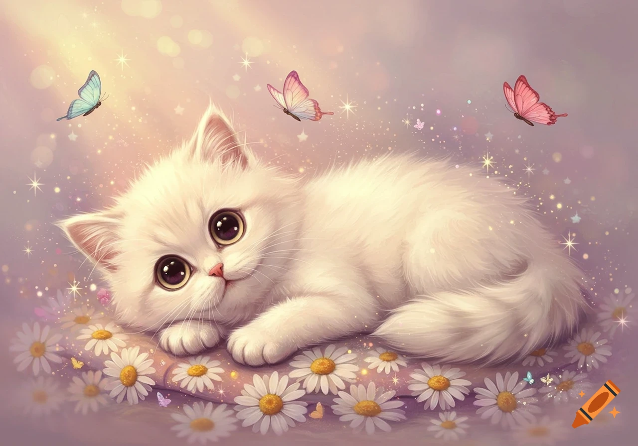 A fluffy white kitten with big eyes lies on daisies, surrounded by sparkling dust and colorful butterflies in a whimsical illustration.