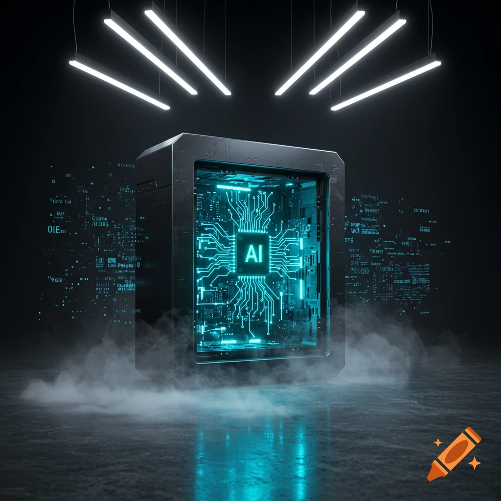 A glowing futuristic cube with a circuit board and "AI" text, surrounded by digital data and smoke, under bright strip lights.