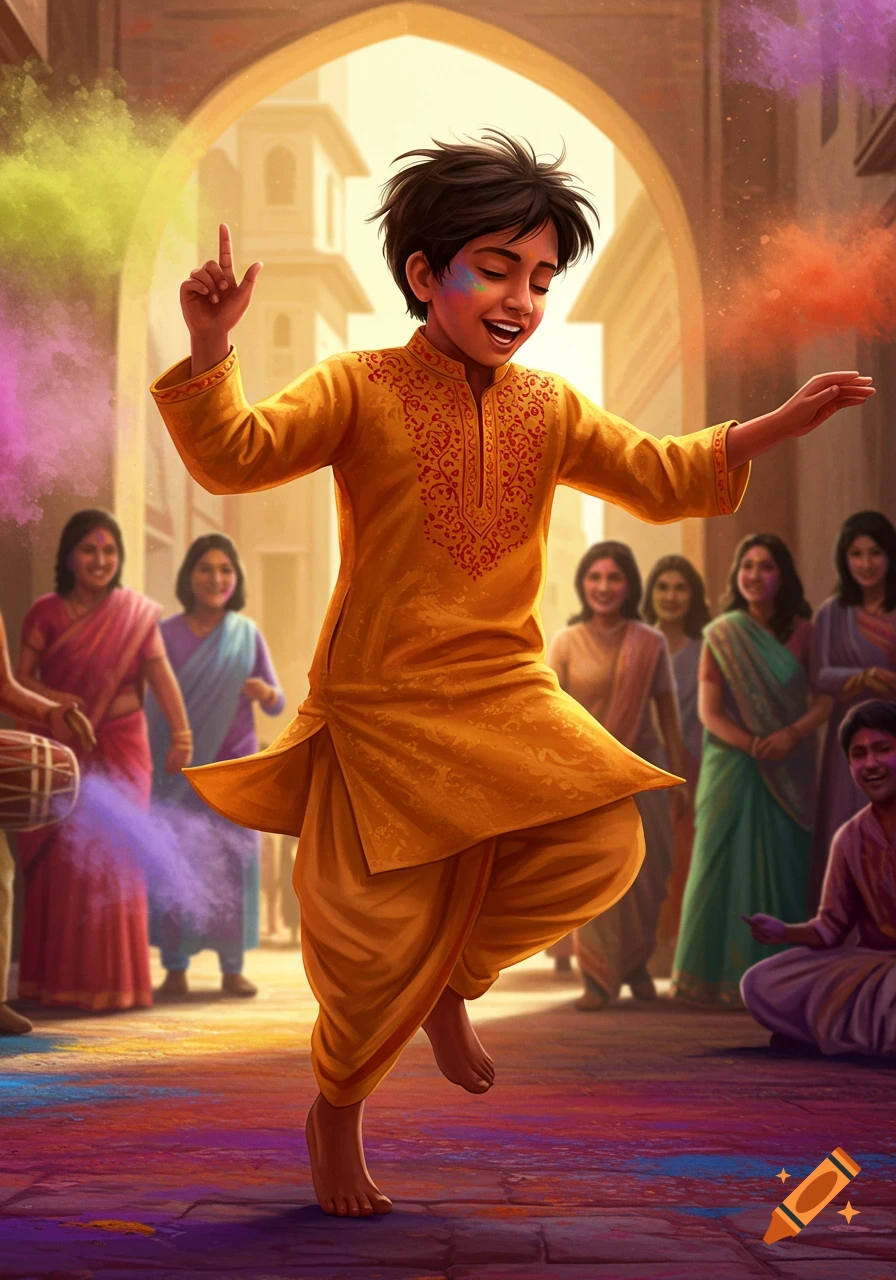 Joyful Indian boy dancing during Holi, covered in colorful powder in a vibrant street scene illustration.