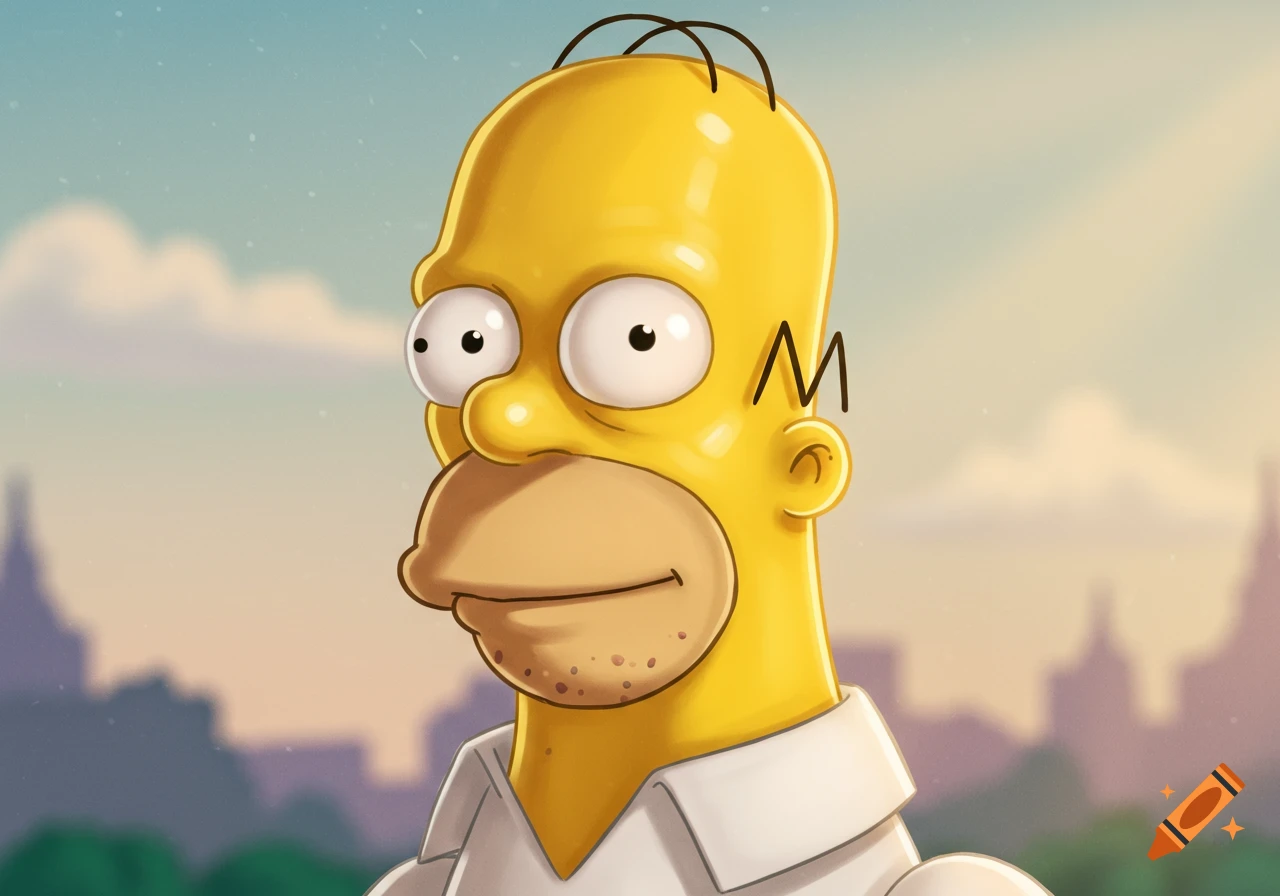Close-up cartoon portrait of Homer Simpson with distinct facial features, against a soft, colorful background.