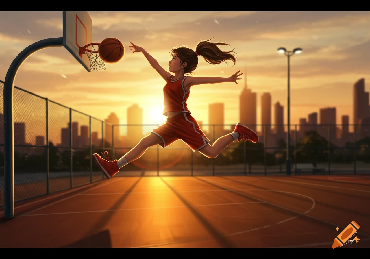 An anime girl in a red uniform jumps to shoot a basketball on an outdoor court at sunset, with a city skyline in the background.