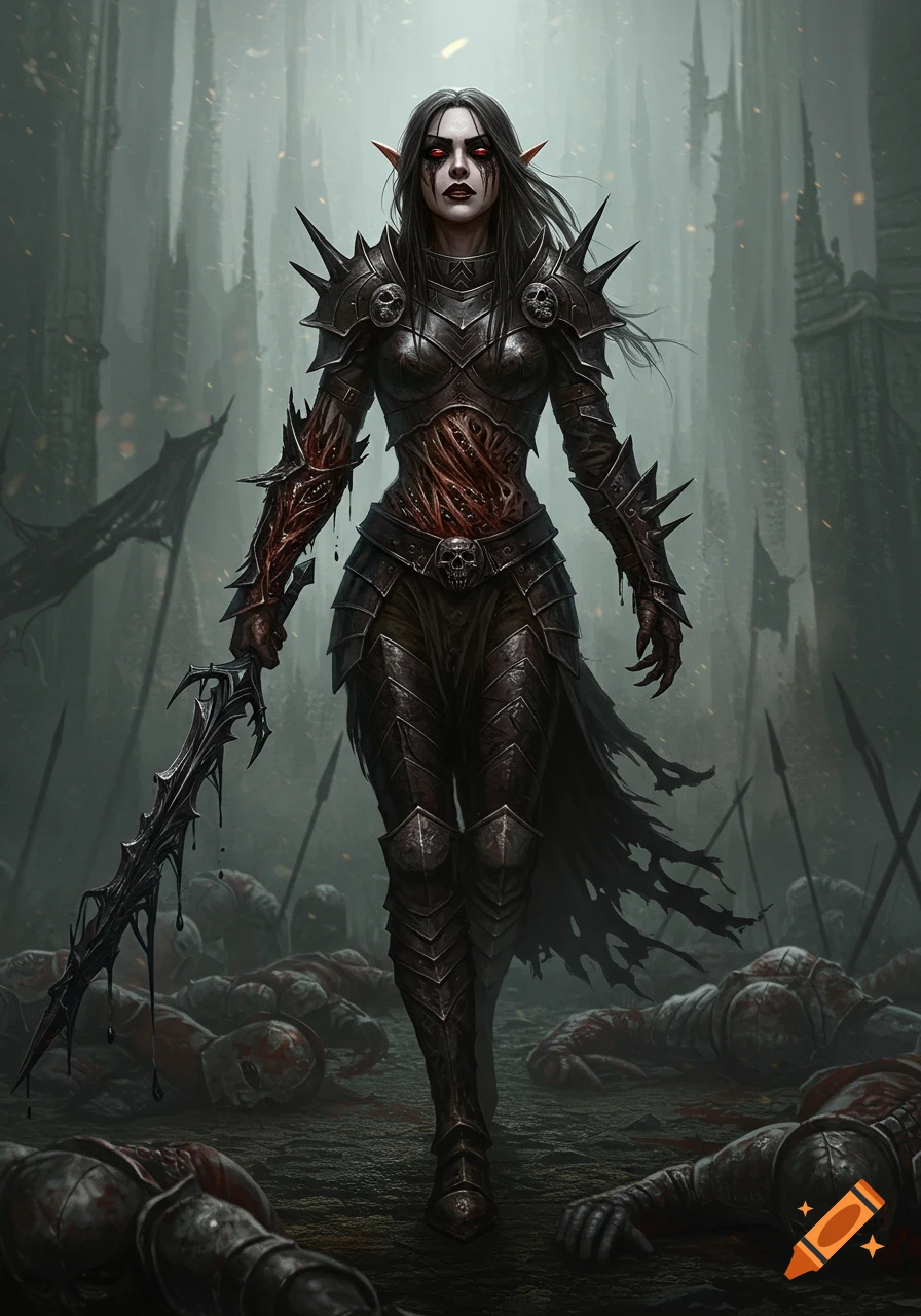A grimdark dark elf warrior in spiked armor with a rotten arm and exposed grotesque belly walks through a foggy battlefield strewn with corpses, holding a bloody sword. Stylized concept art.