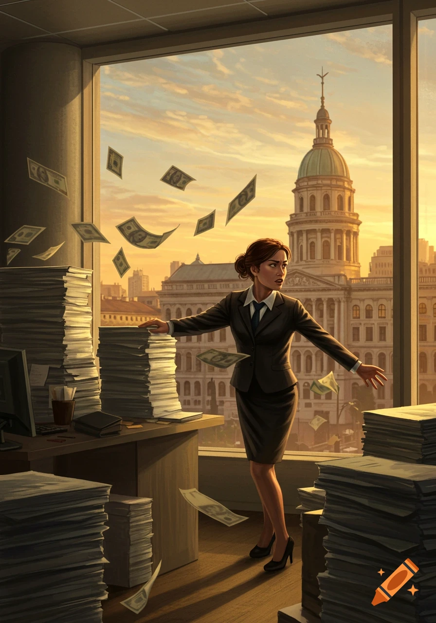 A businesswoman overwhelmed by papers in an office, looking out at a city hall as money flies back in. Illustration.