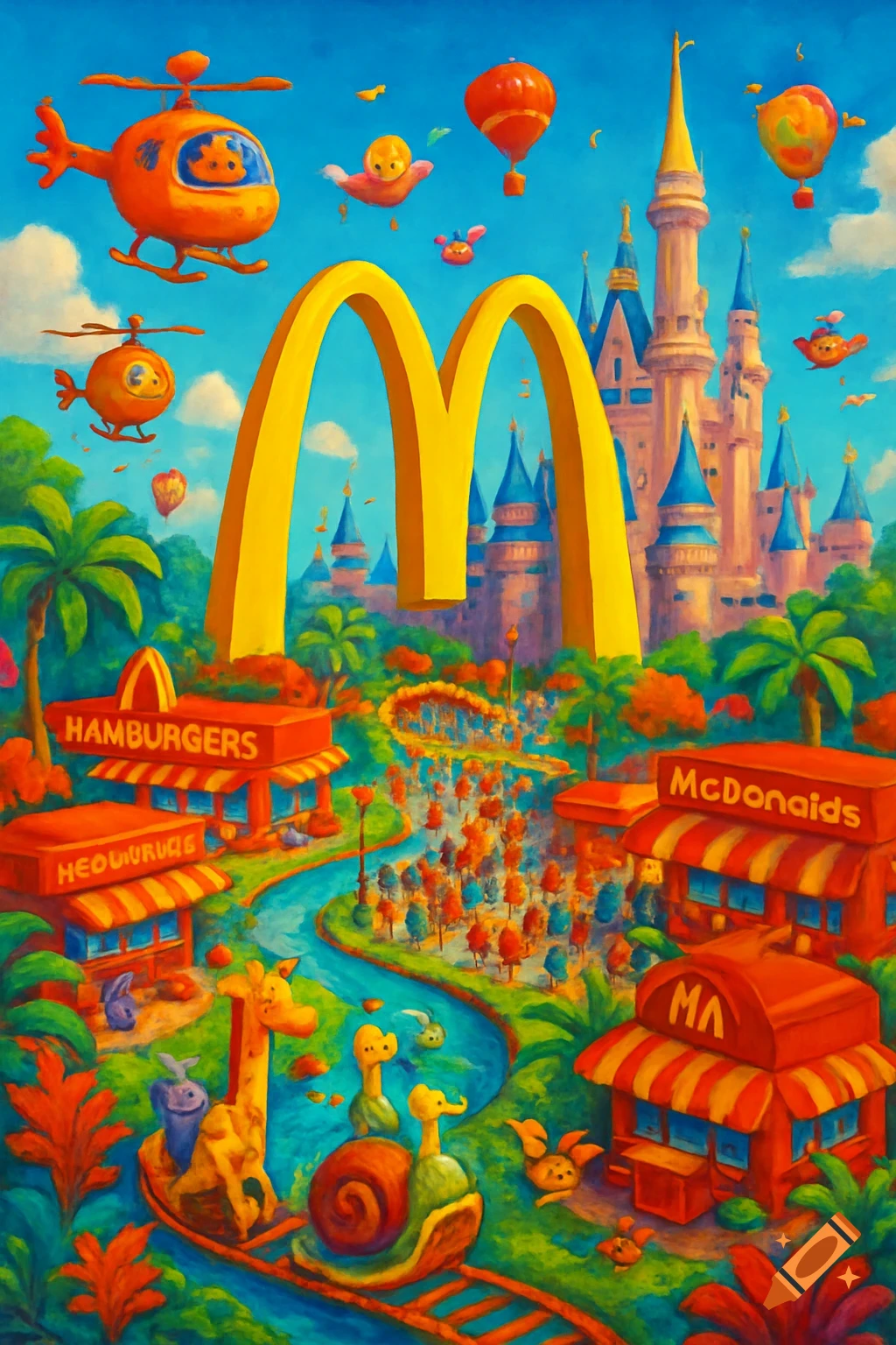 A whimsical cartoon landscape with giant McDonald's arches, a Disney-like castle, restaurants, and a river. Flying vehicles and animals are present.