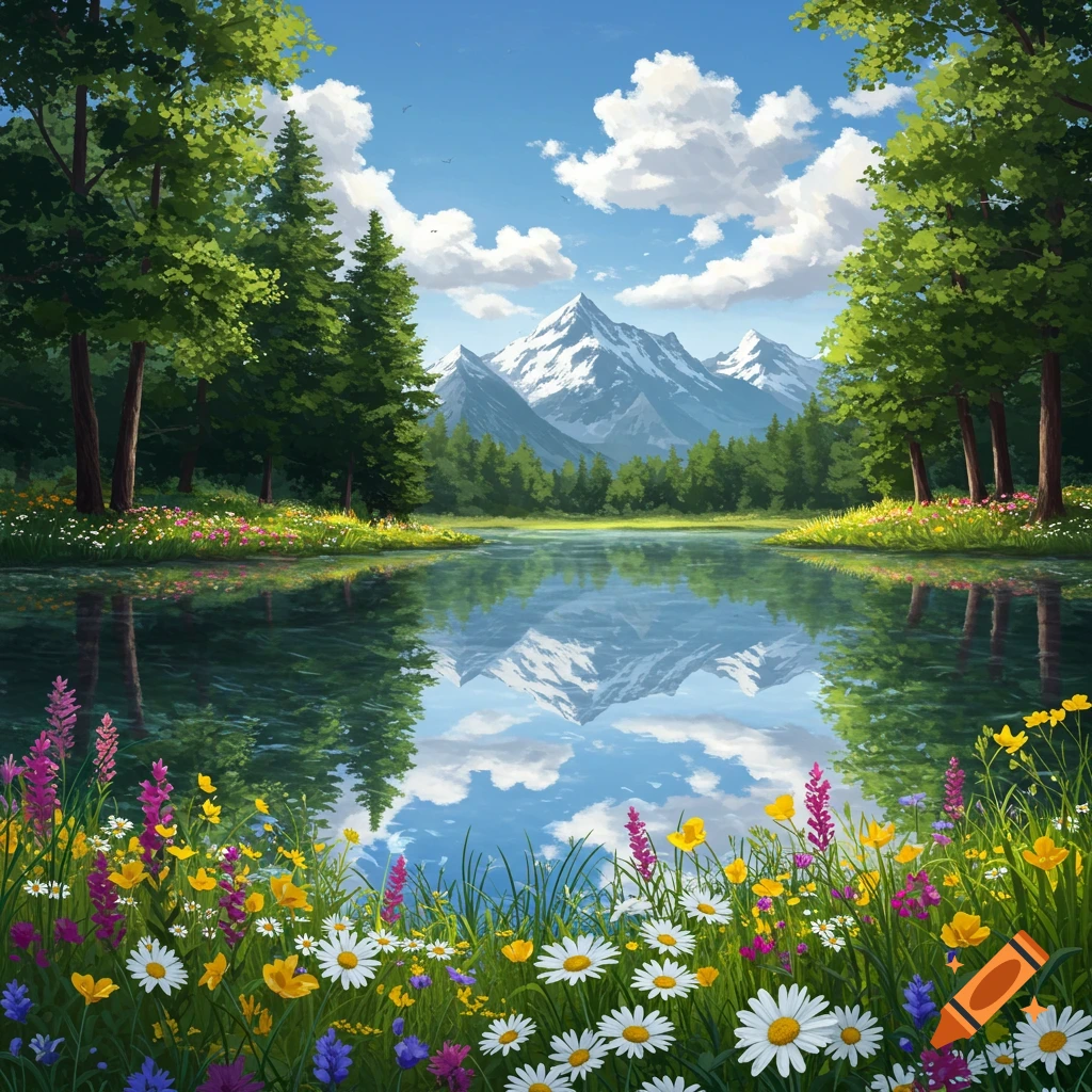 Vibrant illustration of a mountain lake reflecting snowy peaks, surrounded by lush green trees and a foreground of colorful wildflowers under a blue sky.