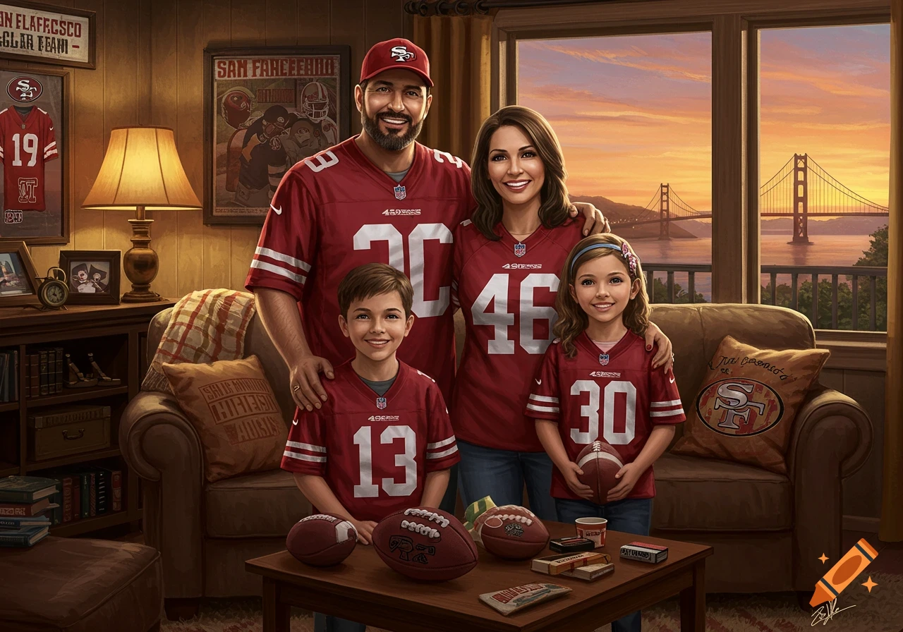 A smiling family of four in red 49ers football jerseys poses in a cozy living room, with the Golden Gate Bridge visible outside the window at sunset.