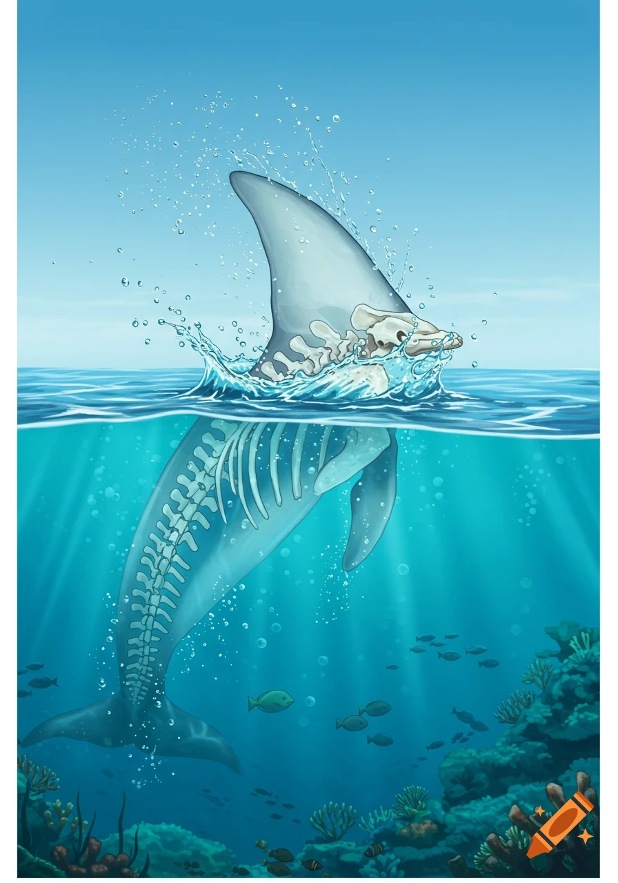 Stylized illustration of a dolphin jumping from blue ocean water, its internal skeleton visible. Coral and fish are below the surface.