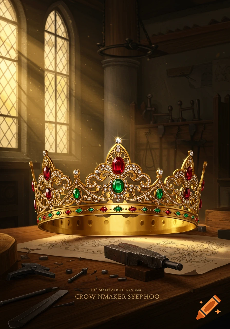 A magnificent gold crown with red and green gems and diamonds on a wooden workbench in a sunlit workshop.
