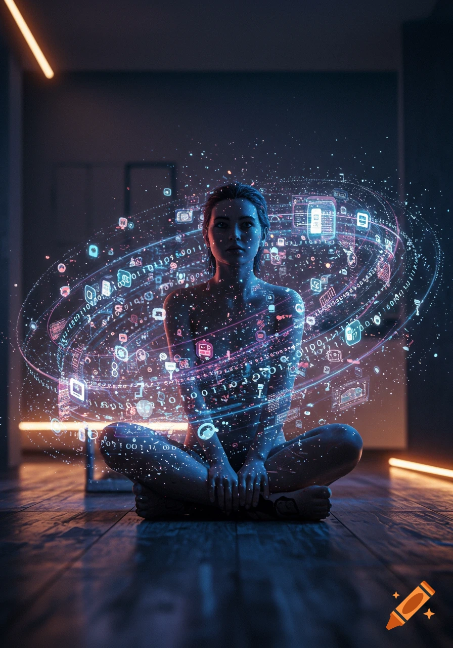 A futuristic digital art portrait of a woman sitting cross-legged, surrounded by a glowing spherical network of data and icons in a dark room.