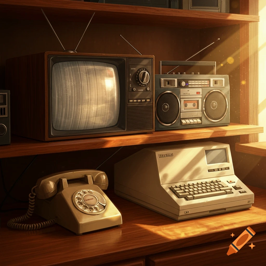 A collection of retro electronics, including a vintage TV, boombox, rotary phone, and early computer, on wooden shelves.