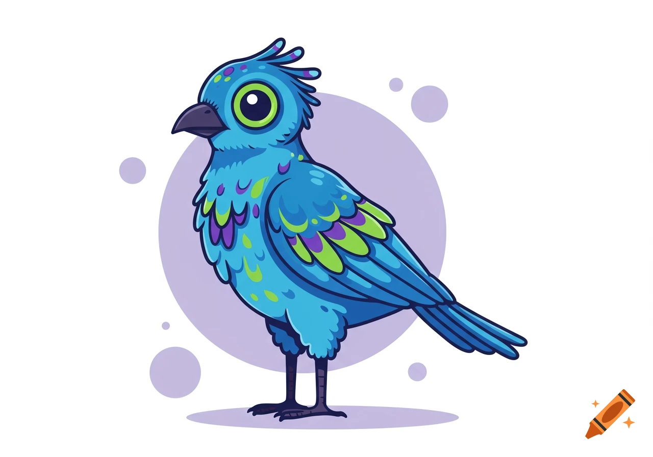 A brightly colored cartoon blue bird with green and purple feathers, large green eyes, standing on a white background with faint purple circles.
