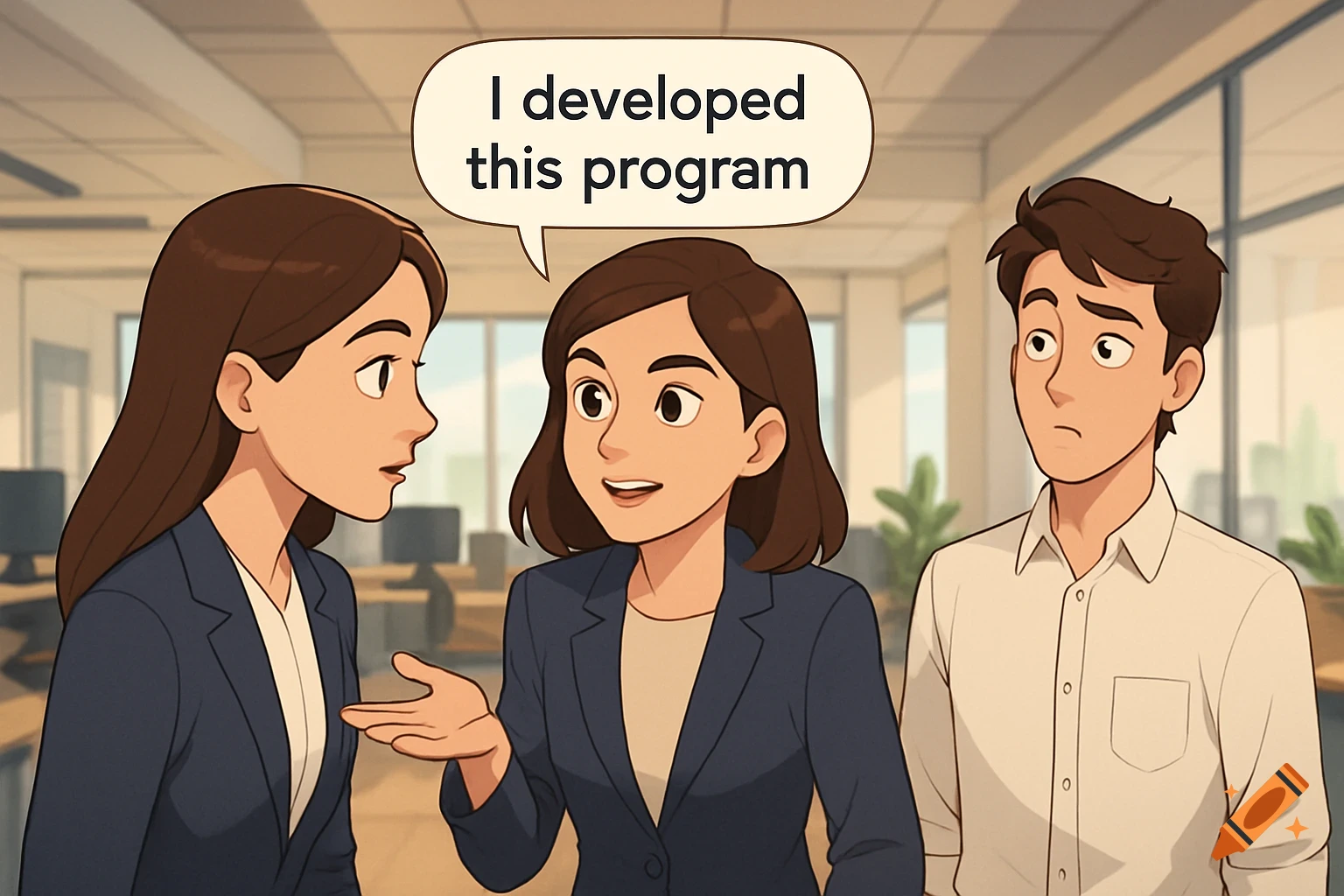 Animated scene of two women talking in an office, one saying 'I developed this program' as a man looks on in disbelief.