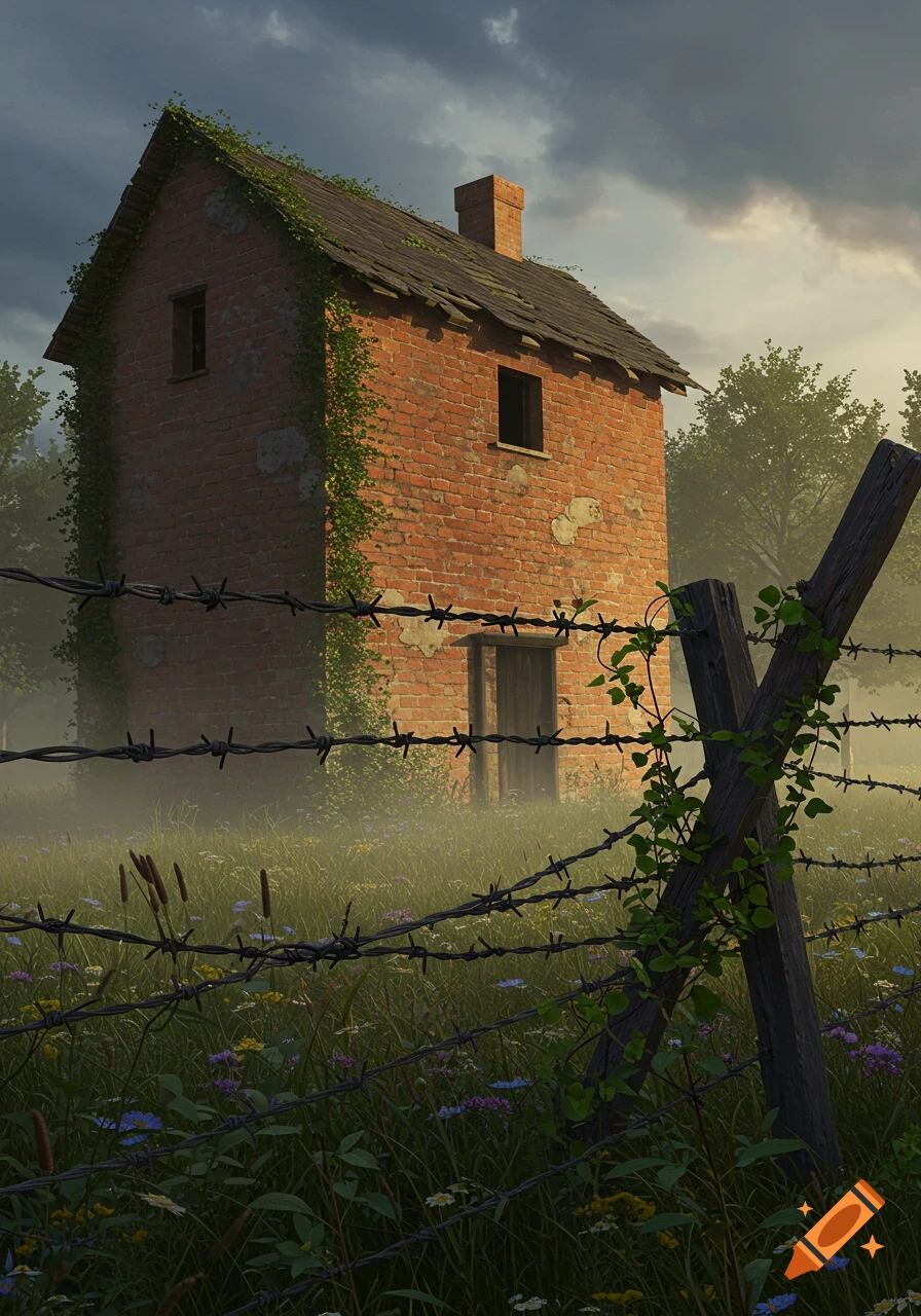 An abandoned brick house covered in ivy behind barbed wire in a misty field of wildflowers under a cloudy sky.