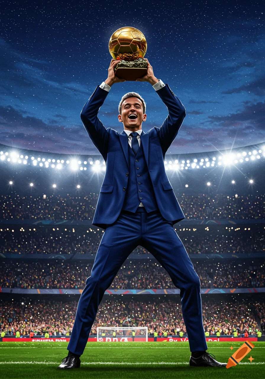 A man in a blue suit holds a golden trophy high above his head in a packed football stadium under a starry night sky.