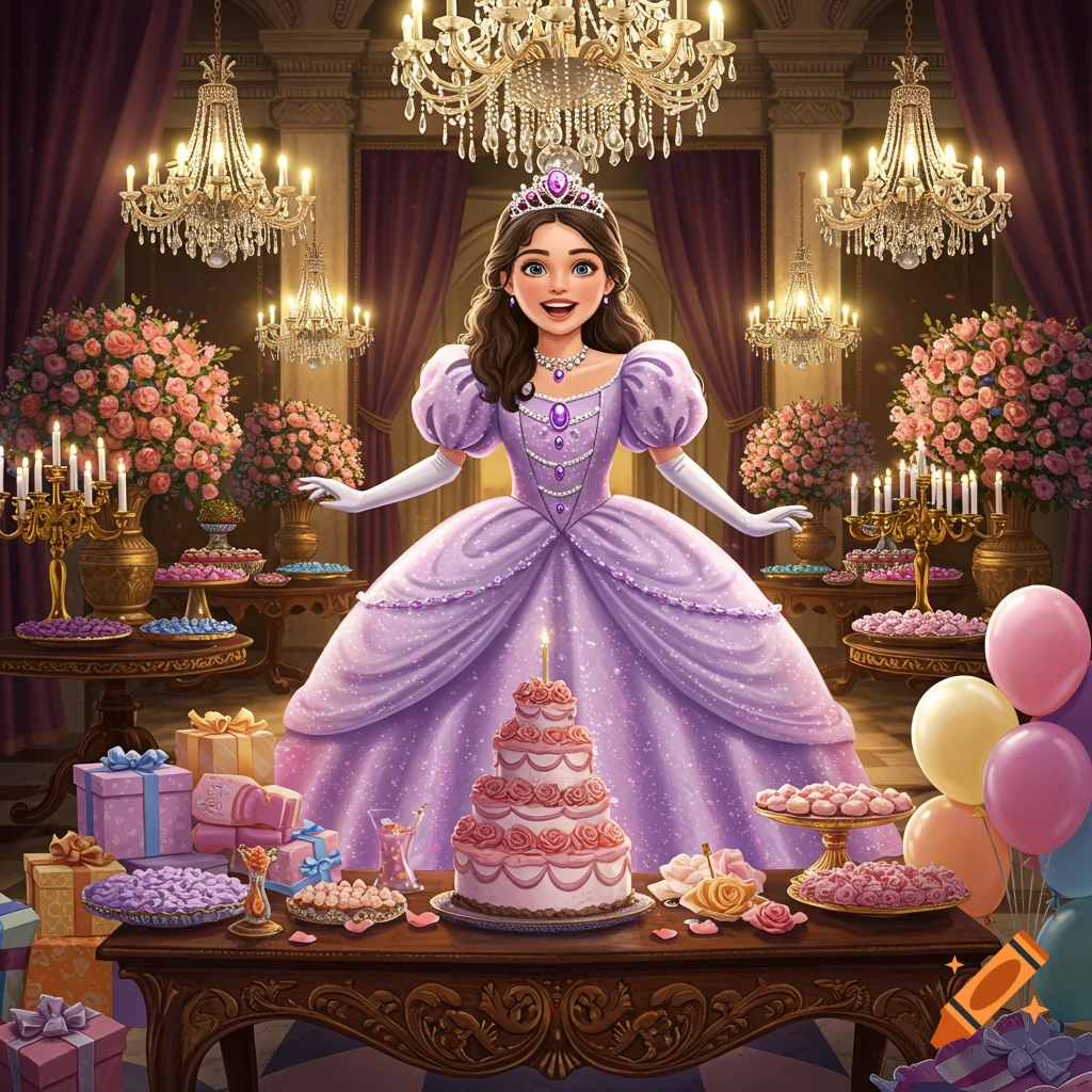 A smiling princess in a lavender ball gown stands at a lavish birthday party, surrounded by a tiered cake, gifts, and balloons.