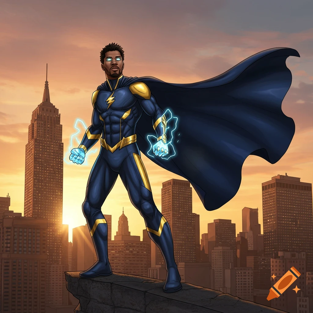 A Black male superhero in a dark blue and gold suit, hands glowing with electricity, stands on a rooftop overlooking a city at sunset in comic art style.