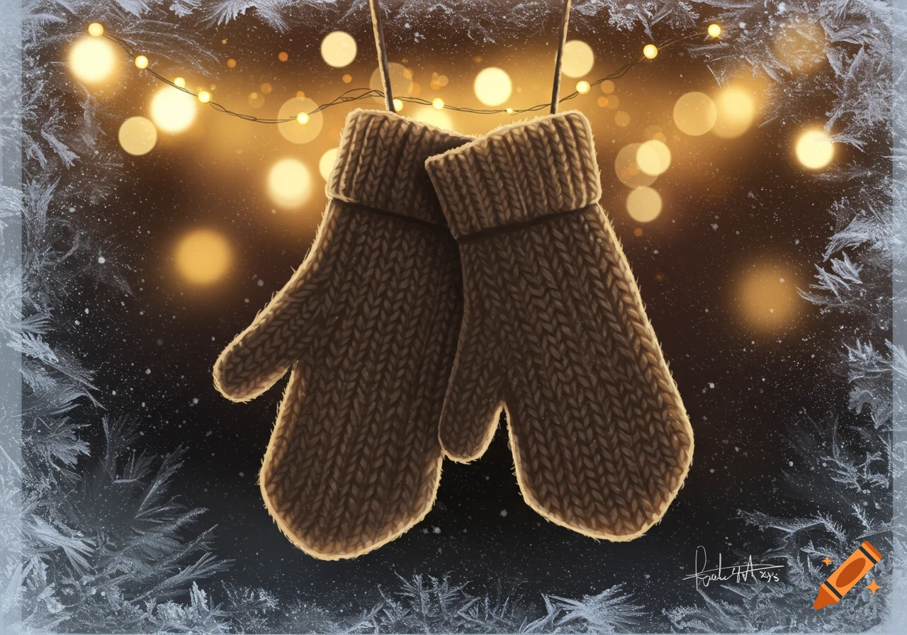 Brown knitted mittens hanging against a frosty window, with warm bokeh fairy lights creating a cozy winter atmosphere.