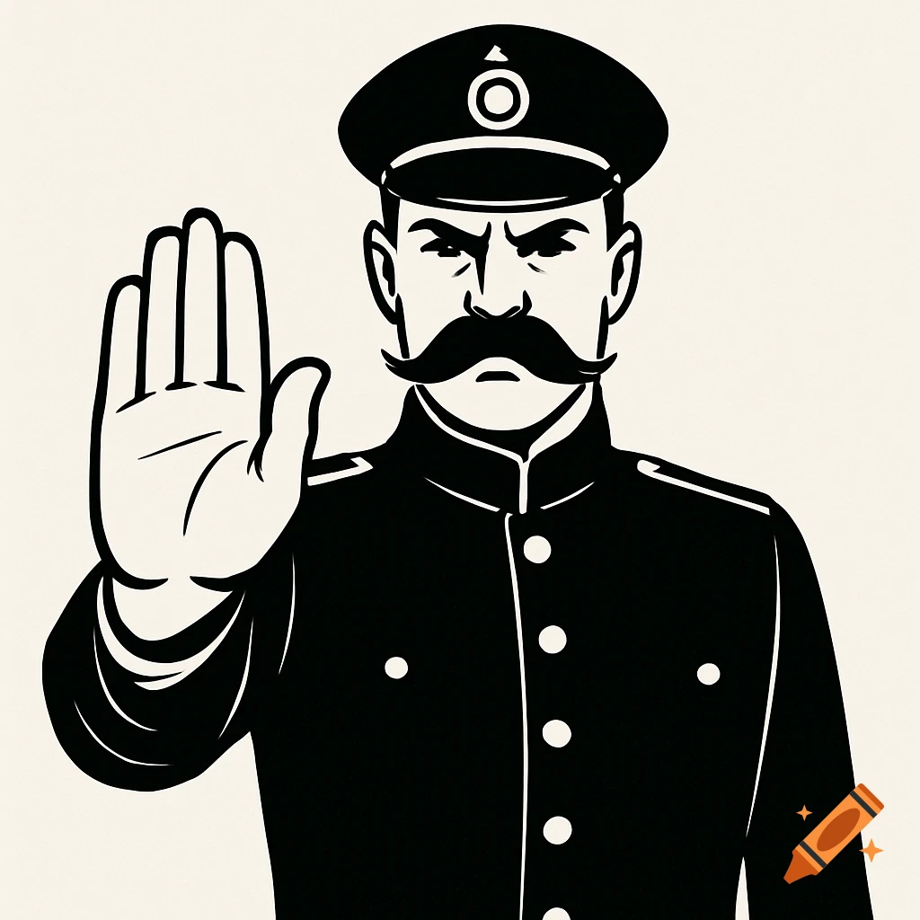 A black and white illustration of a stern police officer with a large mustache making a stop gesture with his raised hand.