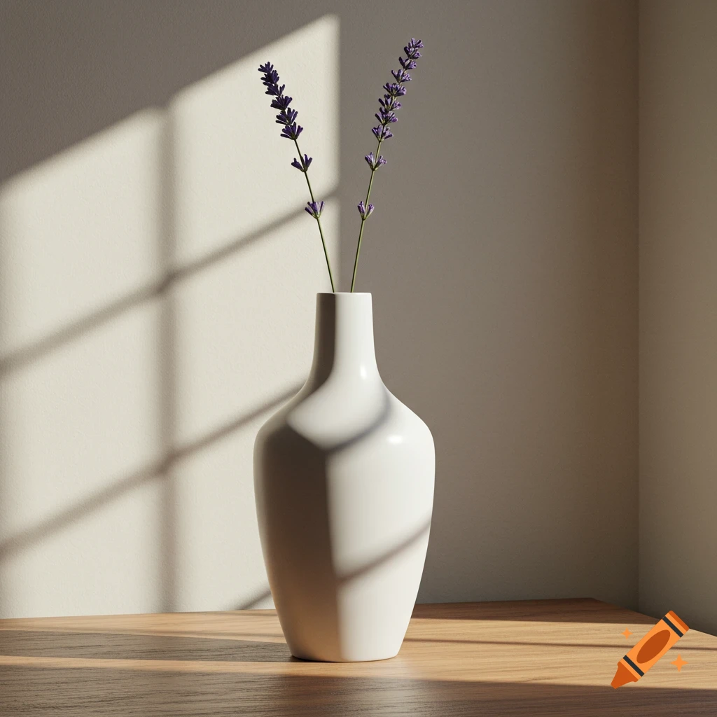 White vase with two lavender sprigs on a wooden table, with window shadows cast on a beige wall.