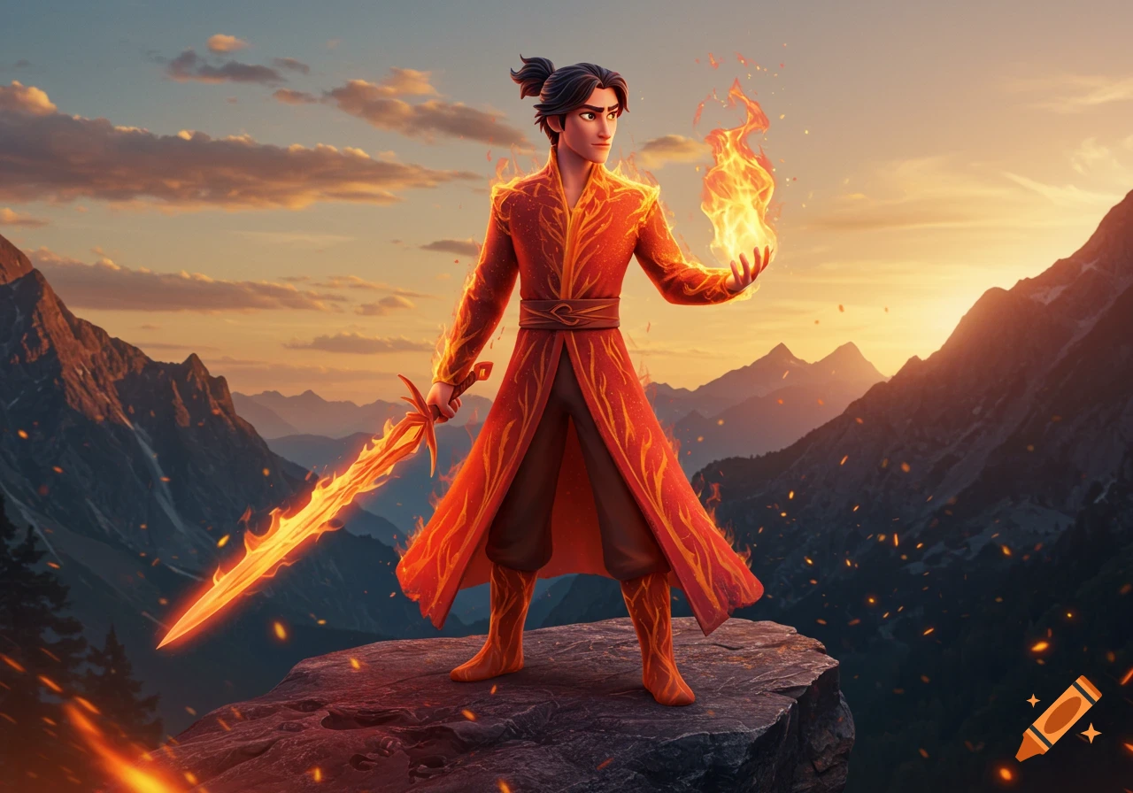 Animated male character, Ren, in a fiery red robe, holding a flaming sword and fire magic on a mountain at sunset.