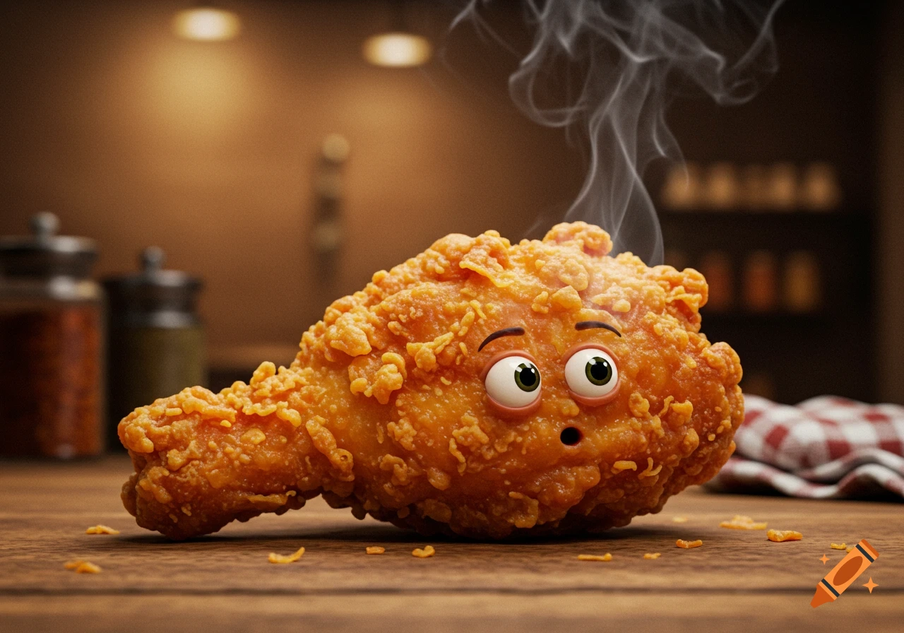 Steaming hot piece of fried chicken with surprised cartoon eyes on a wooden table in a kitchen.