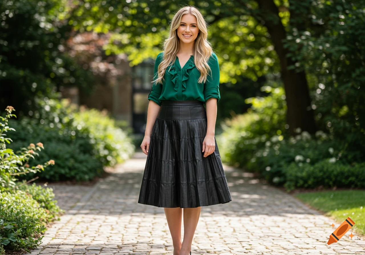 A smiling blond woman in a green blouse and black leather skirt stands on a cobblestone path in a park.