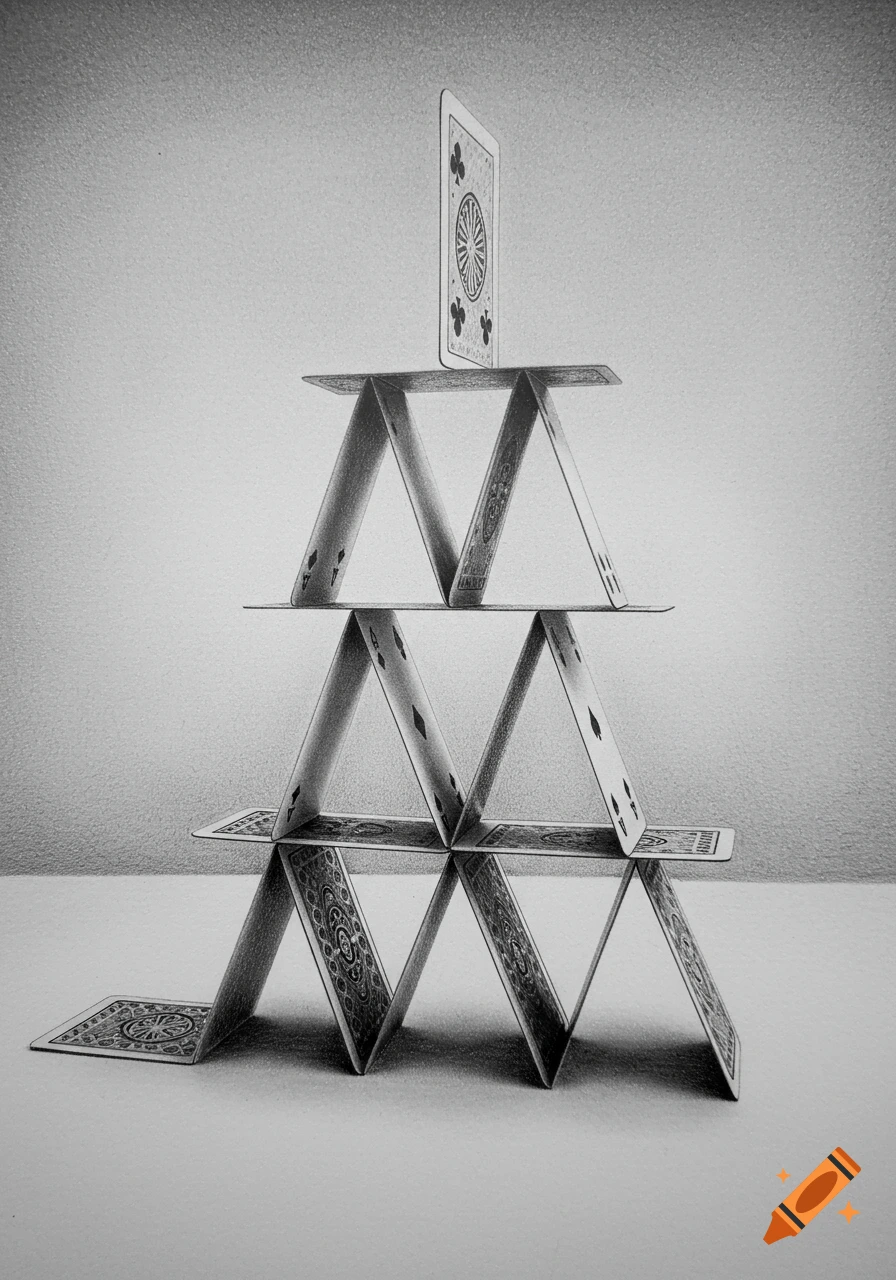 A black and white pencil drawing of a precarious house of cards, meticulously balanced.