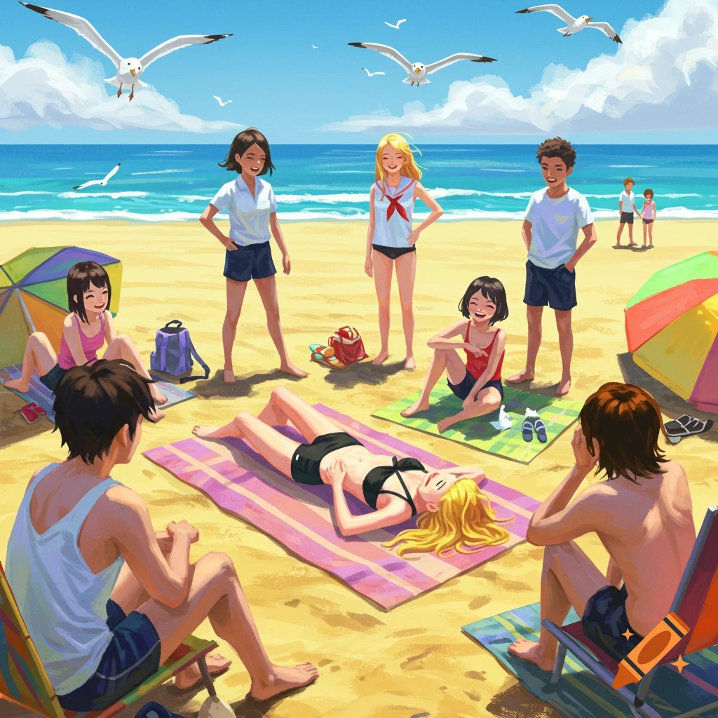 Anime illustration of young friends sunbathing and relaxing on a sunny beach with seagulls flying.