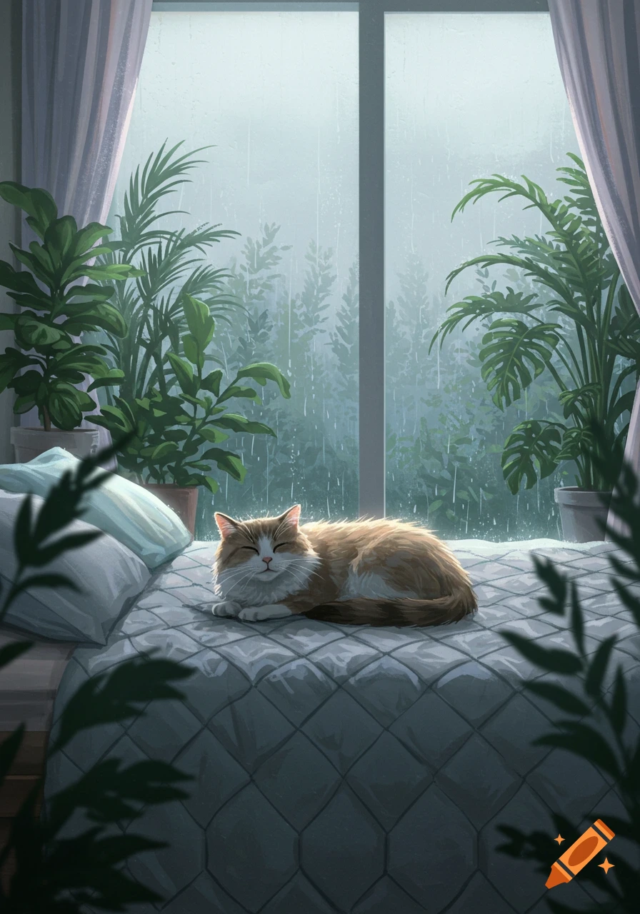 Fluffy ginger and white cat sleeps on a quilted bed in front of a rainy window with plants, in an illustration.