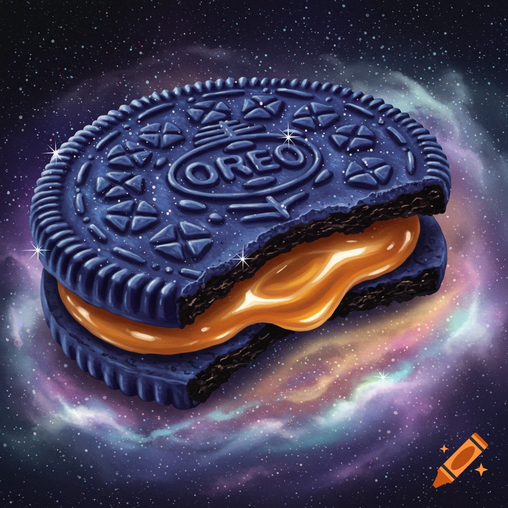 A blue Oreo cookie with gooey caramel filling sparkles in a starry cosmic background.