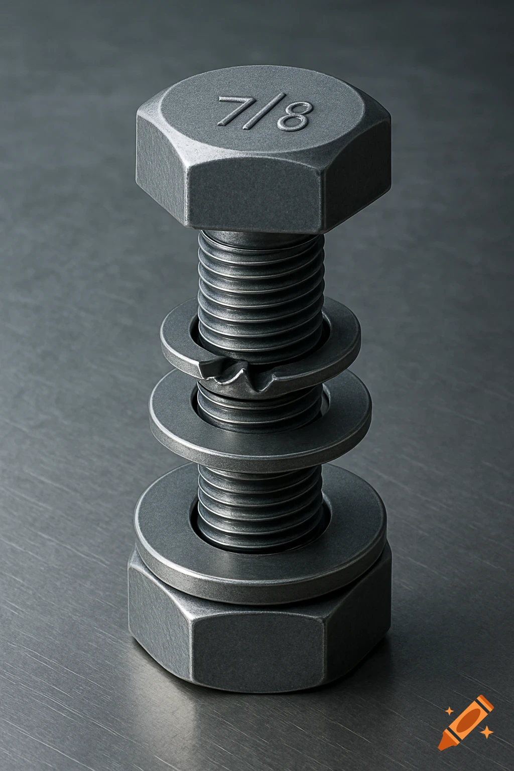 Close-up, photorealistic image of a 7/8 inch metal bolt with a lock washer, a flat washer, and a thicker flat washer, all stacked on a brushed metal surface.